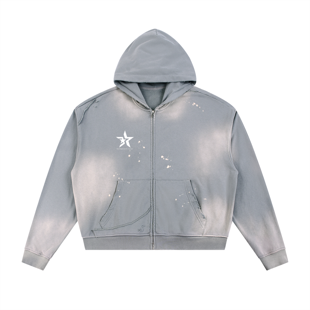 Sun Fade Frayed Raw Edge Fleece Zip Hoodie